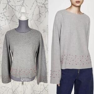 Zara Gray Ribbed Knit Pink Pearl Embellished Knit Top